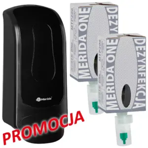 Zestaw Merida One PROMO33 – czarny dozownik mydła w pianie i 2 wkłady dezynfekcyjne Sanitinas