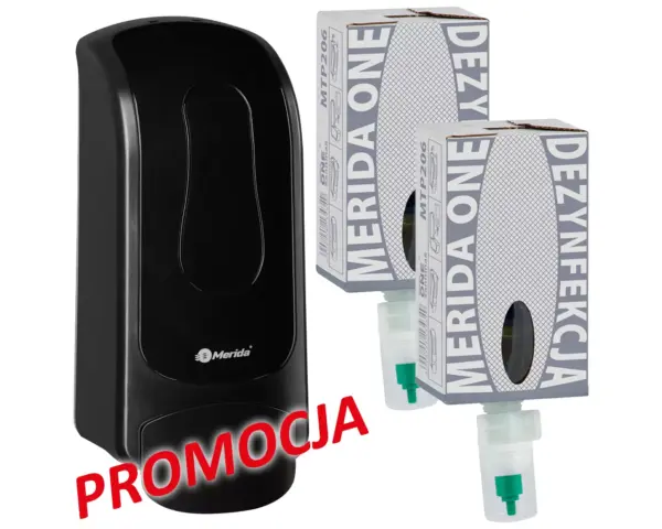 Zestaw Merida One PROMO33 – czarny dozownik mydła w pianie i 2 wkłady dezynfekcyjne Sanitinas
