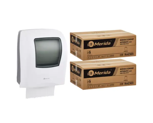 Mechaniczny podajnik ręczników MERIDA ONE biały za 125 zł netto przy zakupie 2 kartonów ręczników MERIDA ECONOMY AUTOMATIC RAZ301 (12 x 250 m = 3 000 m, 11 760 listków) Biały mechaniczny podajnik ręczników Merida ONE z dwoma kartonami ręczników RAZ301