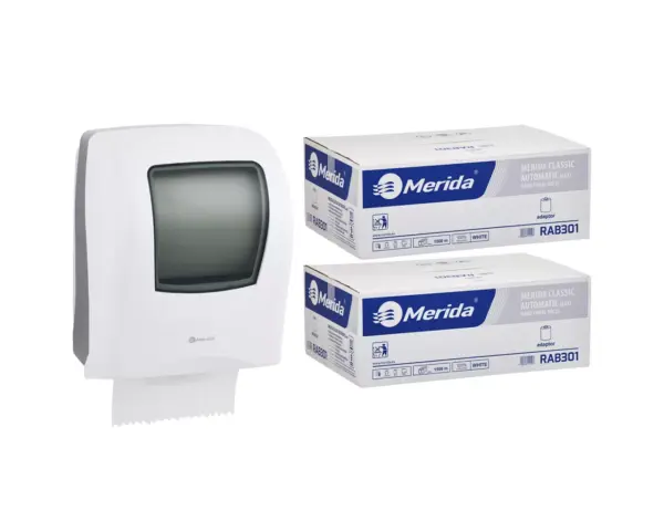 Mechaniczny podajnik ręczników MERIDA ONE biały za 125 zł netto przy zakupie 2 kartonów ręczników MERIDA CLASSIC AUTOMATIC RAB301 (12 x 250 m = 3 000 m, 11 760 listków) Mechaniczny podajnik ręczników MERIDA ONE biały za 125 zł netto przy zakupie 2 kartonów ręczników MERIDA CLASSIC AUTOMATIC RAB301 (12 x 250 m = 3 000 m, 11 760 listków)