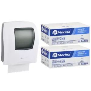Mechaniczny podajnik ręczników MERIDA ONE biały za 125 zł netto przy zakupie 2 kartonów ręczników MERIDA TOP AUTOMATIC RAB312 (12 x 240 m = 2 800 m, 11 292 listki)