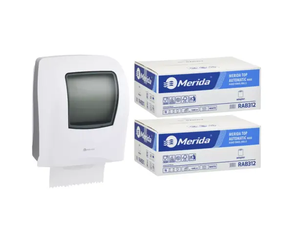 Mechaniczny podajnik ręczników MERIDA ONE biały za 125 zł netto przy zakupie 2 kartonów ręczników MERIDA TOP AUTOMATIC RAB312 (12 x 240 m = 2 800 m, 11 292 listki) Mechaniczny podajnik ręczników MERIDA ONE biały za 125 zł netto przy zakupie 2 kartonów ręczników MERIDA TOP AUTOMATIC RAB312 (12 x 240 m = 2 800 m, 11 292 listki)