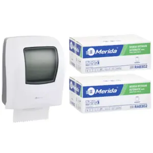 Mechaniczny podajnik ręczników MERIDA ONE biały za 125 zł netto przy zakupie 2 kartonów ręczników MERIDA OPTIMUM AUTOMATIC RAB302 (12 x 250 m = 3 000 m, 11 760 listków)