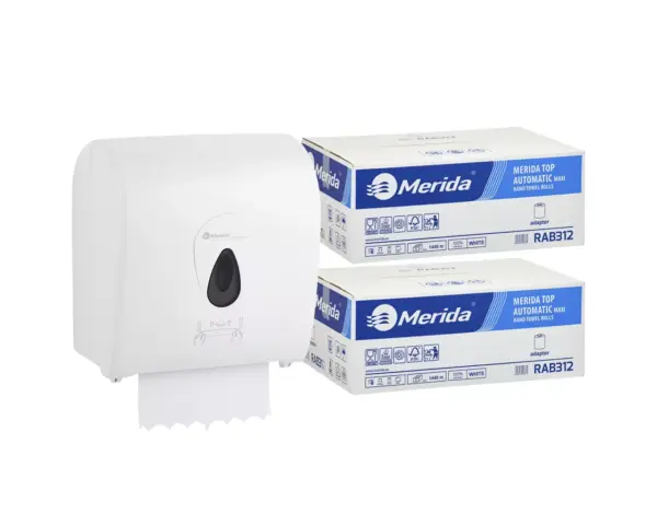 Mechaniczny podajnik ręczników MERIDA TOP szary za 100 zł netto przy zakupie 2 kartonów ręczników MERIDA TOP AUTOMATIC RAB312 (12 x 240 m = 2 800 m, 10 656 listków)