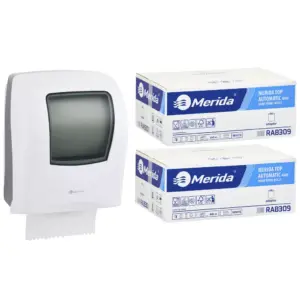 Mechaniczny podajnik ręczników MERIDA ONE biały za 125 zł netto przy zakupie 2 kartonów ręczników MERIDA TOP AUTOMATIC RAB309 (12 x 140 m = 1 680 m, 6 588 listków)