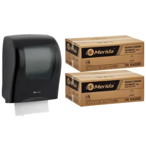 Mechaniczny podajnik ręczników MERIDA ONE czarny za 125 zł netto przy zakupie 2 kartonów ręczników MERIDA ECONOMY AUTOMATIC RAZ301 (12 x 250 m = 3 000 m, 11 760 listków)
