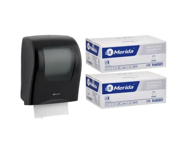 Mechaniczny podajnik ręczników MERIDA ONE czarny za 125 zł netto przy zakupie 2 kartonów ręczników MERIDA CLASSIC AUTOMATIC RAB301 (12 x 250 m = 3 000 m, 11 760 listków) Mechaniczny podajnik ręczników MERIDA ONE czarny za 125 zł netto przy zakupie 2 kartonów ręczników MERIDA CLASSIC AUTOMATIC RAB301 (12 x 250 m = 3 000 m, 11 760 listków)