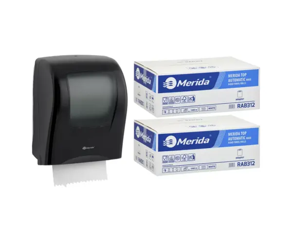 Czarny mechaniczny podajnik ręczników MERIDA ONE z ręcznikami TOP AUTOMATIC
