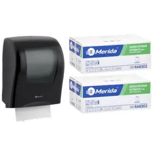 Mechaniczny podajnik ręczników MERIDA ONE czarny za 125 zł netto przy zakupie 2 kartonów ręczników MERIDA OPTIMUM AUTOMATIC RAB302 (12 x 250 m = 3 000 m, 11 760 listków)
