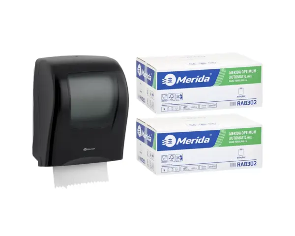 Mechaniczny podajnik ręczników MERIDA ONE czarny za 125 zł netto przy zakupie 2 kartonów ręczników MERIDA OPTIMUM AUTOMATIC RAB302 (12 x 250 m = 3 000 m, 11 760 listków) Mechaniczny podajnik ręczników MERIDA ONE czarny za 125 zł netto przy zakupie 2 kartonów ręczników MERIDA OPTIMUM AUTOMATIC RAB302 (12 x 250 m = 3 000 m, 11 760 listków)