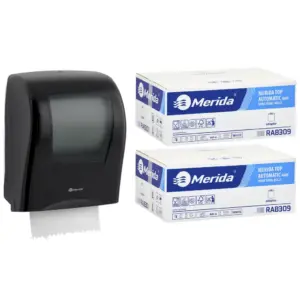 Mechaniczny podajnik ręczników MERIDA ONE czarny za 125 zł netto przy zakupie 2 kartonów ręczników MERIDA TOP AUTOMATIC RAB309 (12 x 140 m = 1 680 m, 6 588 listków)