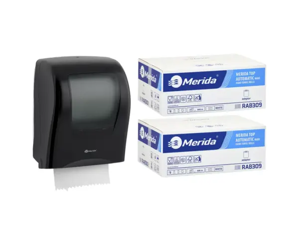 Mechaniczny podajnik ręczników MERIDA ONE czarny za 125 zł netto przy zakupie 2 kartonów ręczników MERIDA TOP AUTOMATIC RAB309 (12 x 140 m = 1 680 m, 6 588 listków)