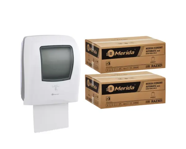 Automatyczny bezdotykowy podajnik ręczników MERIDA ONE biały za 250 zł netto przy zakupie 2 kartonów ręczników MERIDA ECONOMY AUTOMATIC RAZ301 (12 x 250 m = 3 000 m, 11 760 listków) Automatyczny bezdotykowy podajnik ręczników MERIDA ONE biały za 250 zł netto przy zakupie 2 kartonów ręczników MERIDA ECONOMY AUTOMATIC RAZ301 (12 x 250 m = 3 000 m, 11 760 listków)