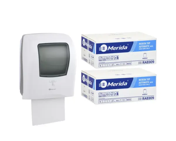 Automatyczny bezdotykowy podajnik ręczników MERIDA ONE biały za 250 zł netto przy zakupie 2 kartonów ręczników MERIDA TOP AUTOMATIC RAB309 (12 x 140 m = 1 680 m, do 8 184 listków) Automatyczny bezdotykowy podajnik ręczników MERIDA ONE biały za 250 zł netto przy zakupie 2 kartonów ręczników MERIDA TOP AUTOMATIC RAB309 (12 x 140 m = 1 680 m, do 8 184 listków)