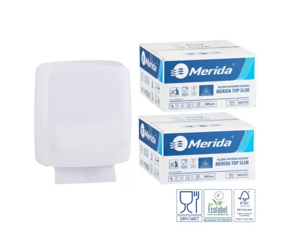 Pojemnik na ręczniki składane MERIDA HARMONY za 1 zł netto przy zakupie 2 kartonów ręczników składanych MERIDA TOP SLIM ECOLABEL VTB210 (2 x 3000 = 6 000 listków) Merida Harmony SLIM czarny pojemnik na ręczniki składane + 2 kartony ręczników Top SLIM Ecolabel (6 000 listków) – zestaw promocyjny za 1 zł netto