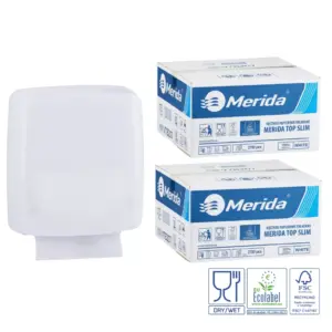 Merida Harmony SLIM biały pojemnik na ręczniki + 2 kartony Top SLIM Ecolabel (5 400 listków) – zestaw promocyjny 1 zł netto