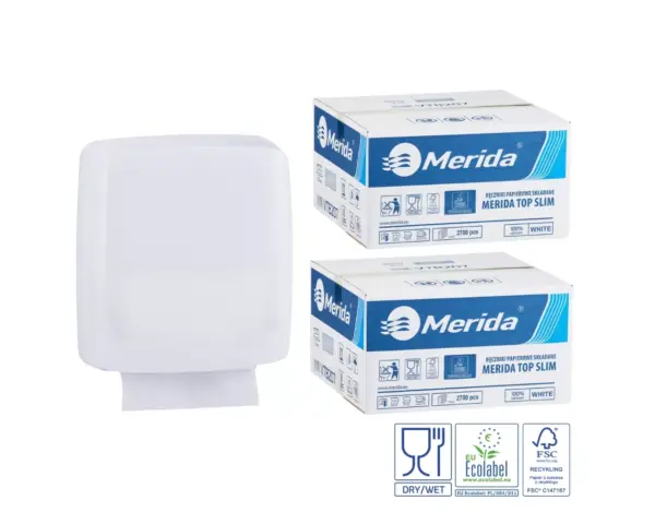 Pojemnik na ręczniki składane MERIDA HARMONY za 1 zł netto przy zakupie 2 kartonów ręczników składanych MERIDA TOP SLIM ECOLABEL VTB207 (2 x 2700 = 5 400 listków) Merida Harmony SLIM biały pojemnik na ręczniki + 2 kartony Top SLIM Ecolabel (5 400 listków) – zestaw promocyjny 1 zł netto