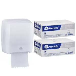 Mechaniczny podajnik ręczników MERIDA HARMONY za 100 zł netto przy zakupie 2 kartonów ręczników MERIDA CLASSIC AUTOMATIC RAB301 (12 x 250 m = 3 000 m, 11 100 listków)