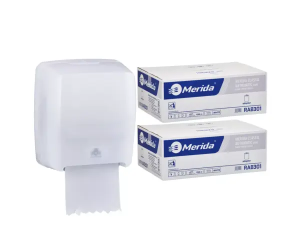 Mechaniczny podajnik ręczników MERIDA HARMONY za 100 zł netto przy zakupie 2 kartonów ręczników MERIDA CLASSIC AUTOMATIC RAB301 (12 x 250 m = 3 000 m, 11 100 listków)