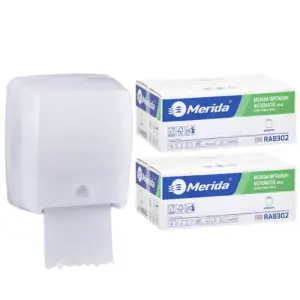 Mechaniczny podajnik ręczników MERIDA HARMONY za 100 zł netto przy zakupie 2 kartonów ręczników MERIDA OPTIMUM AUTOMATIC RAB302 (12 x 250 m = 3 000 m, 11 100 listków)