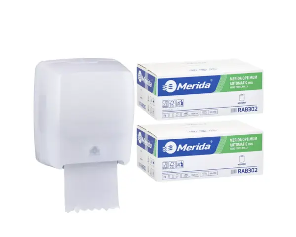 Mechaniczny podajnik ręczników MERIDA HARMONY za 100 zł netto przy zakupie 2 kartonów ręczników MERIDA OPTIMUM AUTOMATIC RAB302 (12 x 250 m = 3 000 m, 11 100 listków)