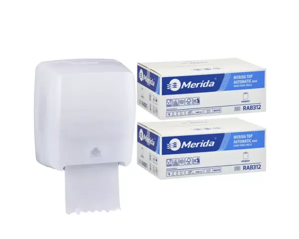 Mechaniczny podajnik ręczników MERIDA HARMONY za 100 zł netto przy zakupie 2 kartonów ręczników MERIDA TOP AUTOMATIC RAB312 (12 x 240 m = 2 800 m, 10 656 listków)