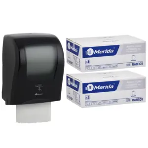 Automatyczny bezdotykowy podajnik ręczników MERIDA ONE czarny za 250 zł netto przy zakupie 2 kartonów ręczników MERIDA CLASSIC AUTOMATIC RAB301 (12 x 250 m = 3 000 m, 11 760 listków)