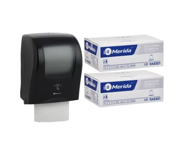 Automatyczny bezdotykowy podajnik ręczników MERIDA ONE czarny za 250 zł netto przy zakupie 2 kartonów ręczników MERIDA CLASSIC AUTOMATIC RAB301 (12 x 250 m = 3 000 m, 11 760 listków) Automatyczny bezdotykowy podajnik ręczników MERIDA ONE czarny za 250 zł netto przy zakupie 2 kartonów ręczników MERIDA CLASSIC AUTOMATIC RAB301 (12 x 250 m = 3 000 m, 11 760 listków)
