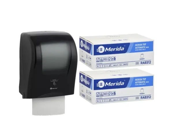Automatyczny bezdotykowy podajnik ręczników MERIDA ONE czarny za 250 zł netto przy zakupie 2 kartonów ręczników MERIDA TOP AUTOMATIC RAB312 (12 x 240 m = 2 800 m, 11 292 listki) Czarny bezdotykowy podajnik ręczników Merida ONE z rolkami papieru