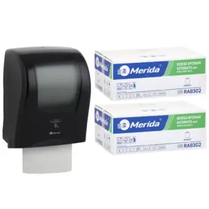 Automatyczny bezdotykowy podajnik ręczników MERIDA ONE czarny za 250 zł netto przy zakupie 2 kartonów ręczników MERIDA OPTIMUM AUTOMATIC RAB302 (12 x 250 m = 3 000 m, 11 760 listków)