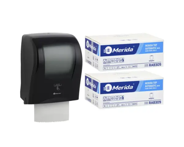 Automatyczny bezdotykowy podajnik ręczników MERIDA ONE czarny za 250 zł netto przy zakupie 2 kartonów ręczników MERIDA TOP AUTOMATIC RAB309 (12 x 140 m = 1 680 m, do 8 184 listków) Automatyczny bezdotykowy podajnik ręczników MERIDA ONE czarny za 250 zł netto przy zakupie 2 kartonów ręczników MERIDA TOP AUTOMATIC RAB309 (12 x 140 m = 1 680 m, do 8 184 listków)
