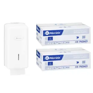 Pojemnik na papier toaletowy w listkach MERIDA ONE za 1 zł netto przy zakupie 2 kartonów papierów toaletowych MERIDA CLASSIC PKB401 (18 000 listków)