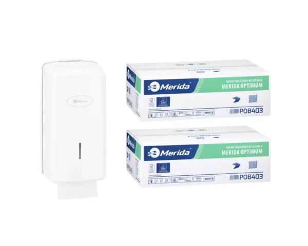Pojemnik na papier toaletowy w listkach MERIDA ONE za 1 zł netto przy zakupie 2 kartonów papierów toaletowych MERIDA OPTIMUM POB403 (18 000 listków) Pojemnik na papier toaletowy w listkach MERIDA ONE za 1 zł netto przy zakupie 2 kartonów papierów toaletowych MERIDA OPTIMUM POB403 (18 000 listków)
