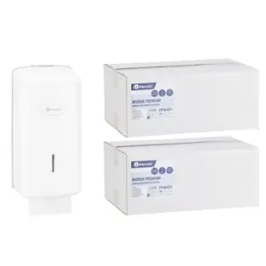 Pojemnik na papier toaletowy w listkach MERIDA ONE za 1 zł netto przy zakupie 2 kartonów papierów toaletowych MERIDA PREMIUM PPB401 (9 600 listków)