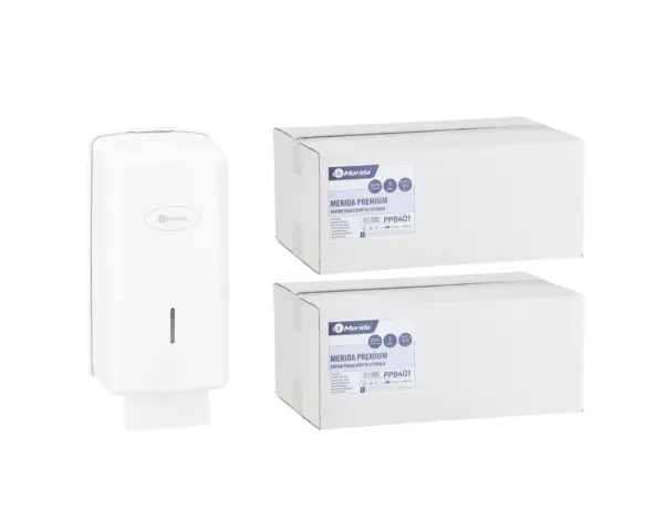 Pojemnik na papier toaletowy w listkach MERIDA ONE za 1 zł netto przy zakupie 2 kartonów papierów toaletowych MERIDA PREMIUM PPB401 (9 600 listków)