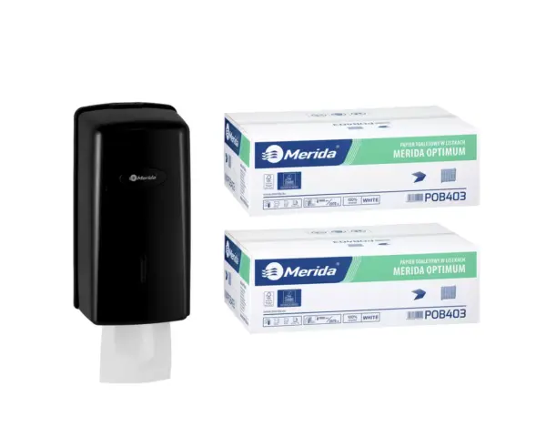 Pojemnik na papier toaletowy w listkach MERIDA ONE za 1 zł netto przy zakupie 2 kartonów papierów toaletowych MERIDA OPTIMUM POB403 (18 000 listków) Pojemnik na papier toaletowy w listkach MERIDA ONE za 1 zł netto przy zakupie 2 kartonów papierów toaletowych MERIDA OPTIMUM POB403 (18 000 listków)