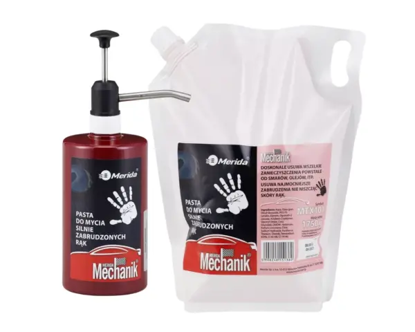Zestaw pasta do mycia silnie zabrudzonych rąk MERIDA MECHANIK, rubinowa butelka z pompką, 500 g + wkład 1750 g do uzupełnienia Zestaw pasta do mycia rąk Merida Mechanik rubinowa butelka z pompką 500g i wkład 1750g