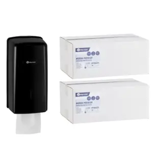Pojemnik na papier toaletowy w listkach MERIDA ONE za 1 zł netto przy zakupie 2 kartonów papierów toaletowych MERIDA PREMIUM PPB401 (9 600 listków)