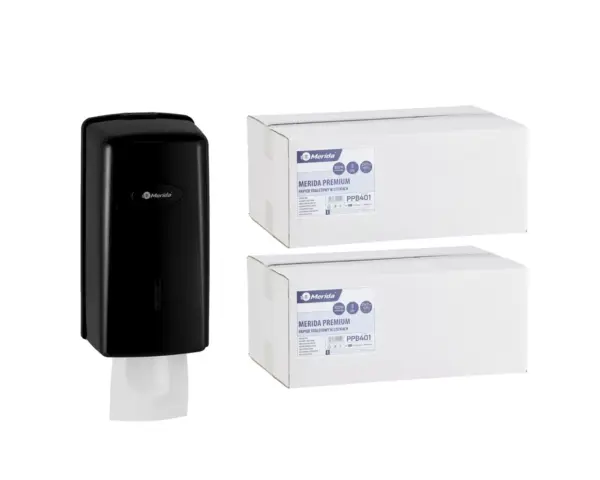 Pojemnik na papier toaletowy w listkach MERIDA ONE za 1 zł netto przy zakupie 2 kartonów papierów toaletowych MERIDA PREMIUM PPB401 (9 600 listków) Pojemnik na papier toaletowy w listkach MERIDA ONE za 1 zł netto przy zakupie 2 kartonów papierów toaletowych MERIDA PREMIUM PPB401 (9 600 listków)