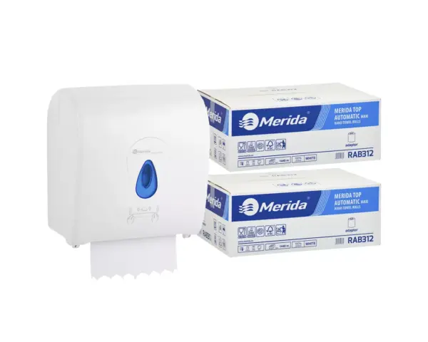Mechaniczny podajnik ręczników MERIDA TOP niebieski za 100 zł netto przy zakupie 2 kartonów ręczników MERIDA TOP AUTOMATIC RAB312 (12 x 240 m = 2 800 m, 10 656 listków)