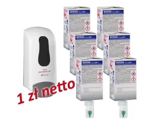 Dozownik płynu dezynfekcyjnego MERIDA ONE biały za 1 zł netto przy zakupie 6 wkładów z płynem MERIDA POLANA DDR+ Dozownik płynu dezynfekcyjnego MERIDA ONE biały za 1 zł netto przy zakupie 6 wkładów z płynem MERIDA POLANA DDR+