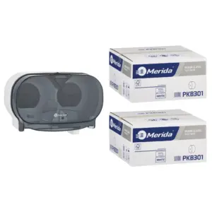 Pojemnik na dwie rolki papieru toaletowego bez gilzy MERIDA ONE biały za 50 zł netto przy zakupie 2 kartonów papiery toaletowego MERIDA CLASSIC (36 x 125 m = 4500 m, 18 000 listków)
