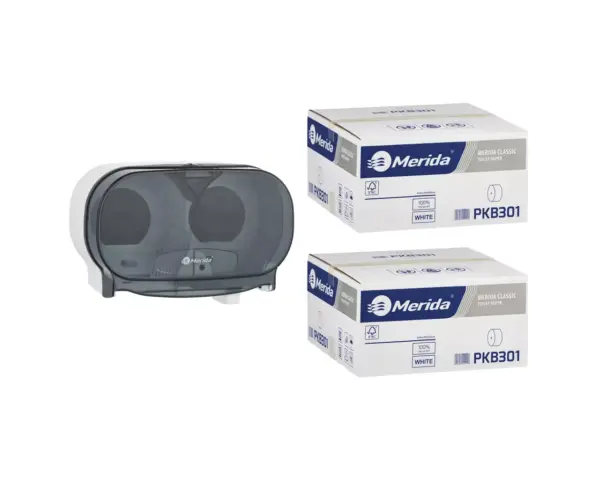 Pojemnik na dwie rolki papieru toaletowego bez gilzy MERIDA ONE biały za 50 zł netto przy zakupie 2 kartonów papiery toaletowego MERIDA CLASSIC (36 x 125 m = 4500 m, 18 000 listków) Pojemnik na dwie rolki papieru toaletowego bez gilzy MERIDA ONE biały za 50 zł netto przy zakupie 2 kartonów papiery toaletowego MERIDA CLASSIC (36 x 125 m = 4500 m, 18 000 listków)