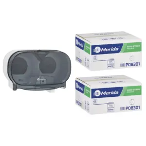 Pojemnik na dwie rolki papieru toaletowego bez gilzy MERIDA ONE biały za 50 zł netto przy zakupie 2 kartonów papiery toaletowego MERIDA OPTIMUM POB301 (36 x 85 m = 3060 m, 12 240 listków)