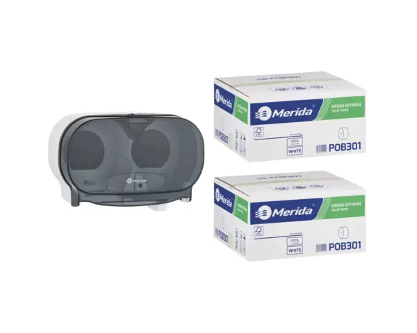 Pojemnik na dwie rolki papieru toaletowego bez gilzy MERIDA ONE biały za 50 zł netto przy zakupie 2 kartonów papiery toaletowego MERIDA OPTIMUM POB301 (36 x 85 m = 3060 m, 12 240 listków) Pojemnik na dwie rolki papieru toaletowego bez gilzy MERIDA ONE biały za 50 zł netto przy zakupie 2 kartonów papiery toaletowego MERIDA OPTIMUM POB301 (36 x 85 m = 3060 m, 12 240 listków)
