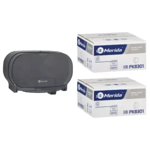 Pojemnik na dwie rolki papieru toaletowego bez gilzy MERIDA ONE czarny za 50 zł netto przy zakupie 2 kartonów papiery toaletowego MERIDA CLASSIC PKB301 (36 x 125 m = 4500 m, 18 000 listków)