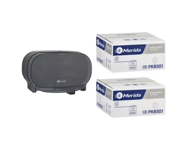 Pojemnik na dwie rolki papieru toaletowego bez gilzy MERIDA ONE czarny za 50 zł netto przy zakupie 2 kartonów papiery toaletowego MERIDA CLASSIC PKB301 (36 x 125 m = 4500 m, 18 000 listków) Pojemnik na dwie rolki papieru toaletowego bez gilzy MERIDA ONE czarny za 50 zł netto przy zakupie 2 kartonów papiery toaletowego MERIDA CLASSIC PKB301 (36 x 125 m = 4500 m, 18 000 listków)