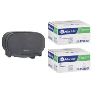 Pojemnik na dwie rolki papieru toaletowego bez gilzy MERIDA ONE czarny za 50 zł netto przy zakupie 2 kartonów papiery toaletowego MERIDA OPTIMUM POB301 (36 x 85 m = 3060 m, 12 240 listków)