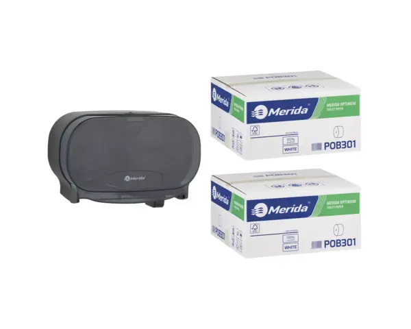 Pojemnik na dwie rolki papieru toaletowego bez gilzy MERIDA ONE czarny za 50 zł netto przy zakupie 2 kartonów papiery toaletowego MERIDA OPTIMUM POB301 (36 x 85 m = 3060 m, 12 240 listków) Pojemnik na dwie rolki papieru toaletowego bez gilzy MERIDA ONE czarny za 50 zł netto przy zakupie 2 kartonów papiery toaletowego MERIDA OPTIMUM POB301 (36 x 85 m = 3060 m, 12 240 listków)