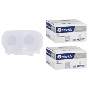 Pojemnik na dwie rolki papieru toaletowego bez gilzy MERIDA HARMONY za 50 zł netto przy zakupie 2 kartonów papiery toaletowego MERIDA CLASSIC PKB301 (36 x 125 m = 4500 m, 18 000 listków)